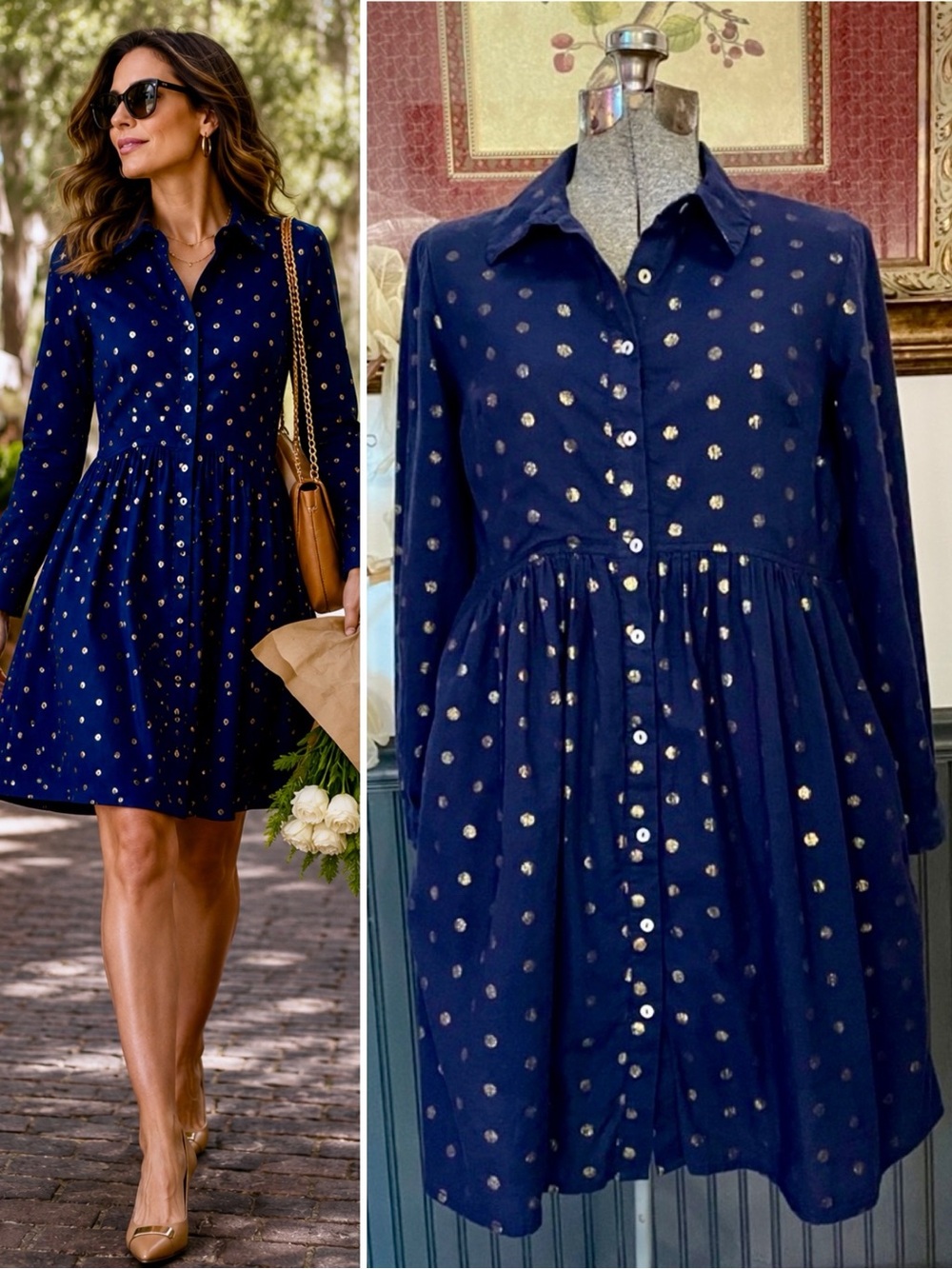 JUDE CONNALLY Briar Polka Dot Shirt Dress Metallic Gold Dot Button Front ~XS💚🎀
